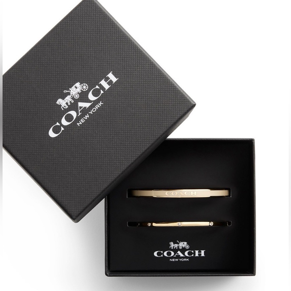 🤍New Coach Faux Stone Enamel Signature Bangle Bracelet Set (Chalk/Gold)